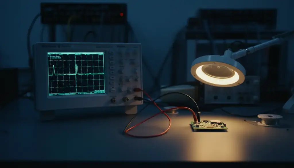 An oscilloscope showing current impulses beside an evaluation board under a magnifier lamp