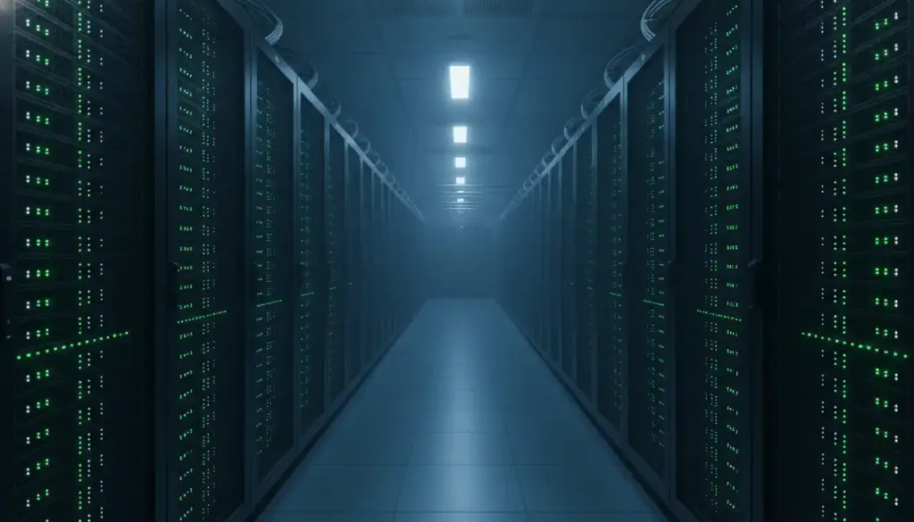 A data-center cold aisle between two rows of server racks