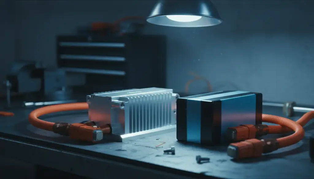 An EV traction-inverter housing, a DC-Link capacitor block and orange high-voltage cables on a workshop bench