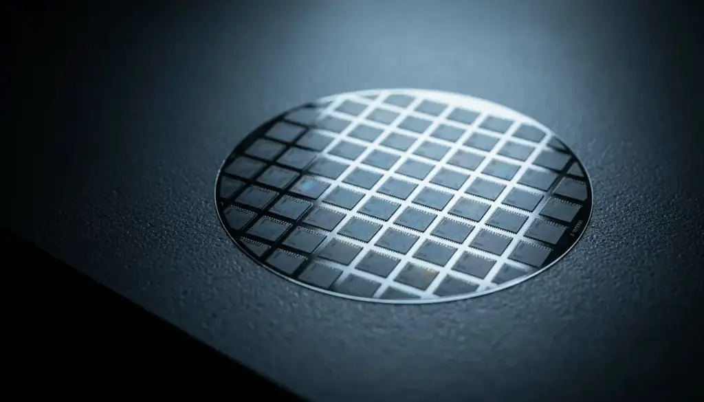 A silicon wafer under cool inspection light on a graphite bench
